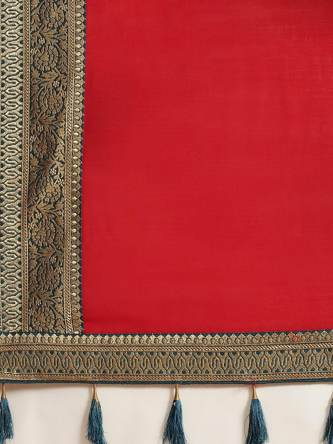 Red Solid Silk Blend Saree - ShopLibas