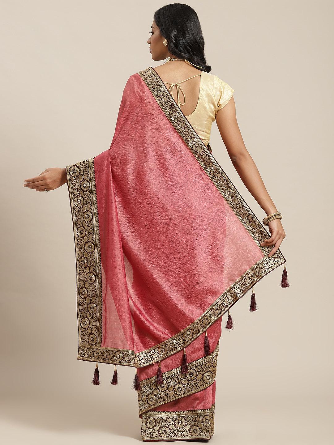 Pink Solid Silk Blend Saree - ShopLibas