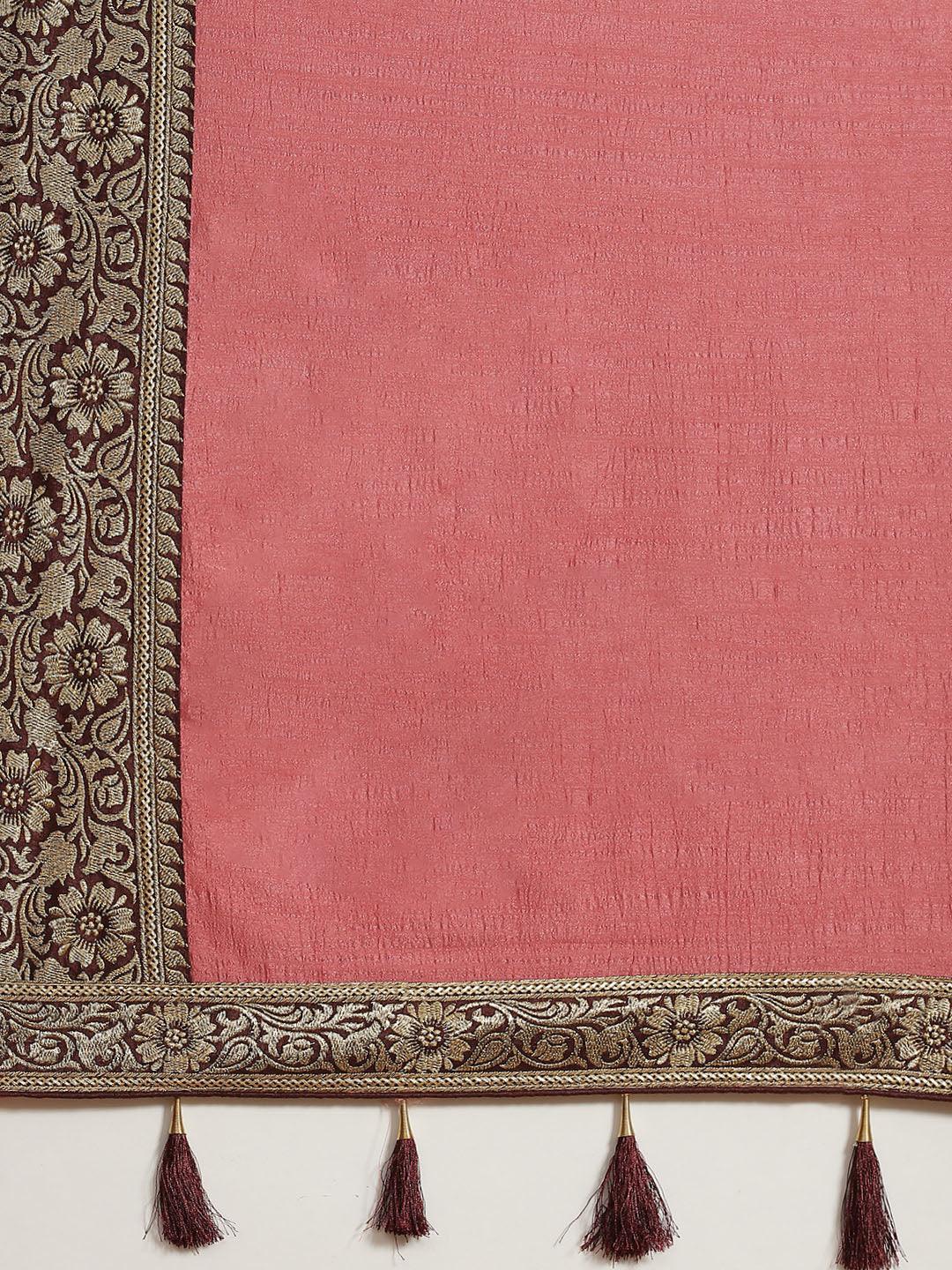 Pink Solid Silk Blend Saree - ShopLibas
