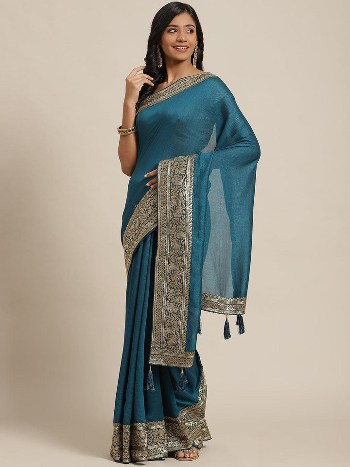 Blue Solid Silk Blend Saree