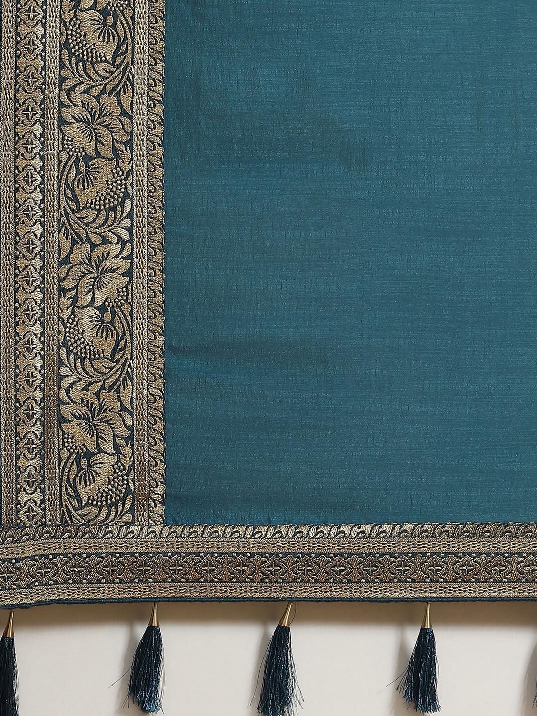 Blue Solid Silk Blend Saree - ShopLibas