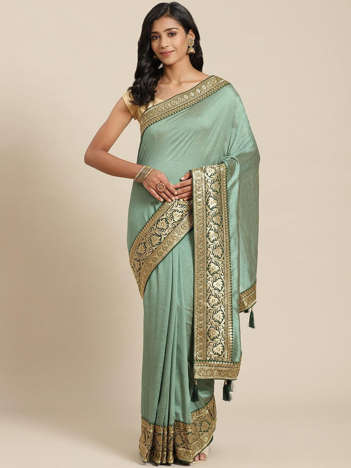 Green Solid Silk Blend Saree