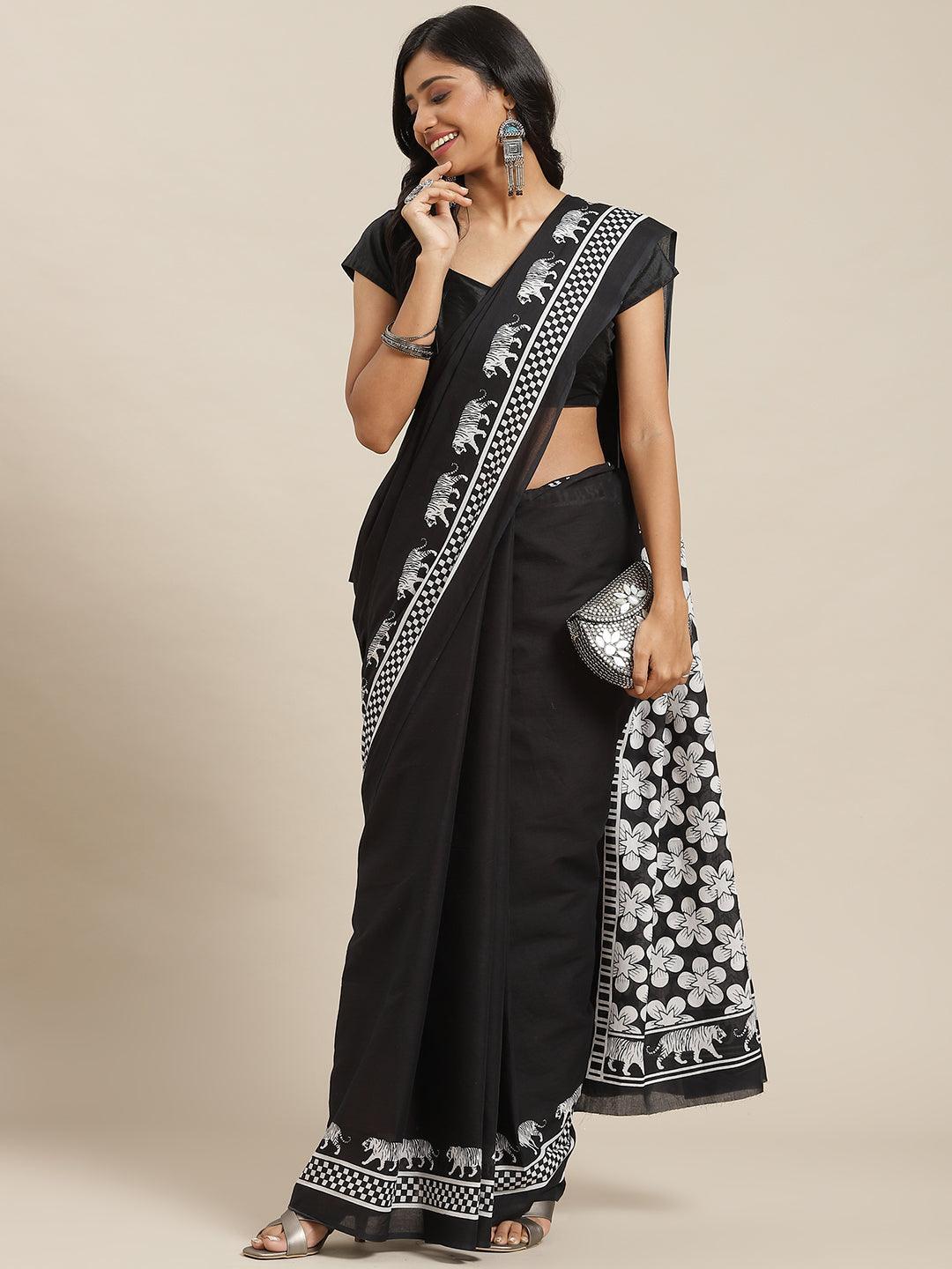 Black Solid Cotton Saree - ShopLibas