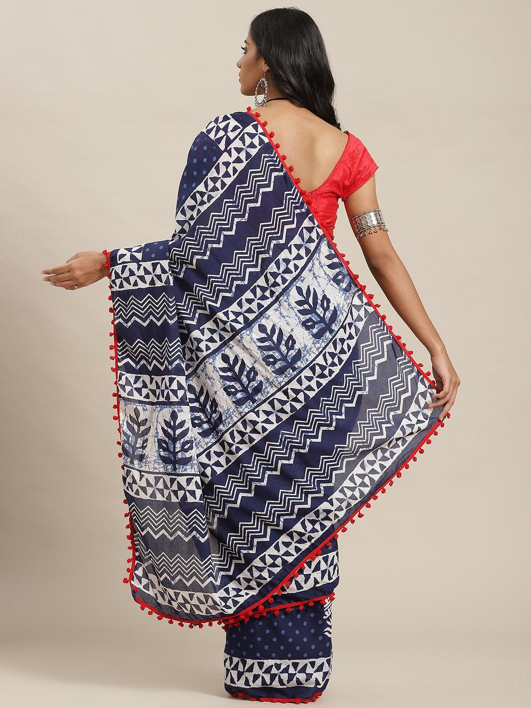 Blue Printed Cotton Saree - ShopLibas