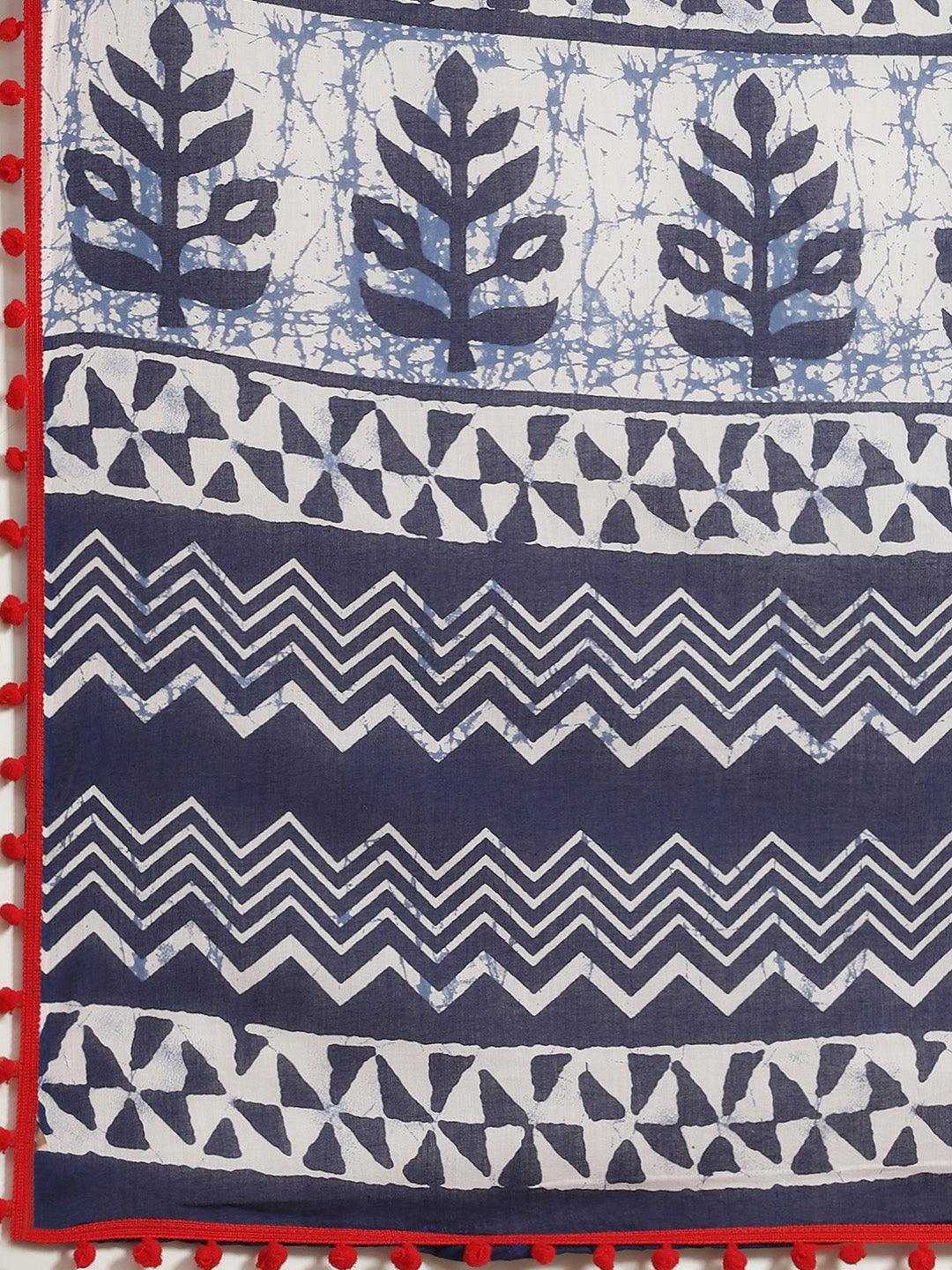 Blue Printed Cotton Saree - ShopLibas