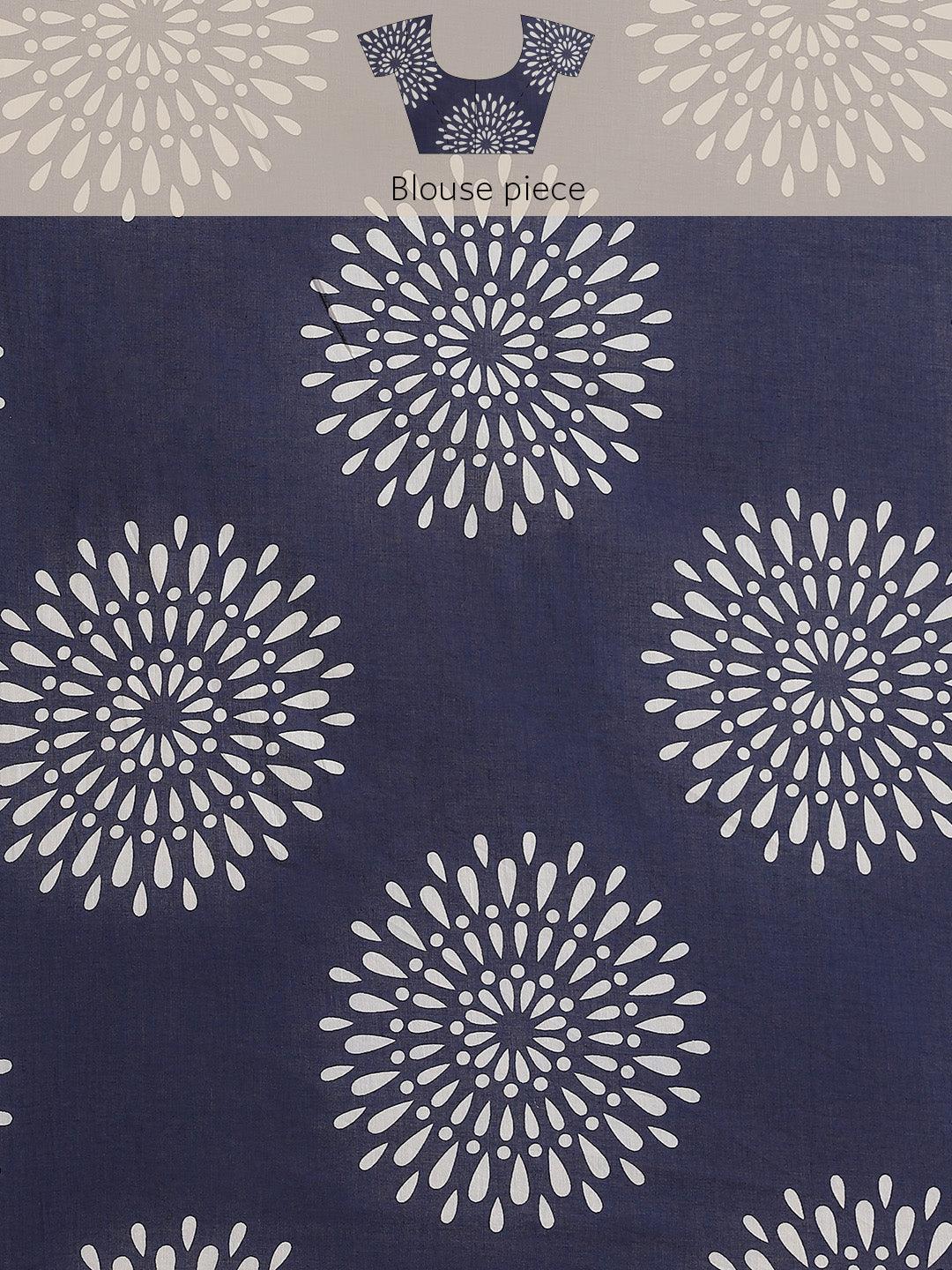 Blue Printed Cotton Saree - ShopLibas