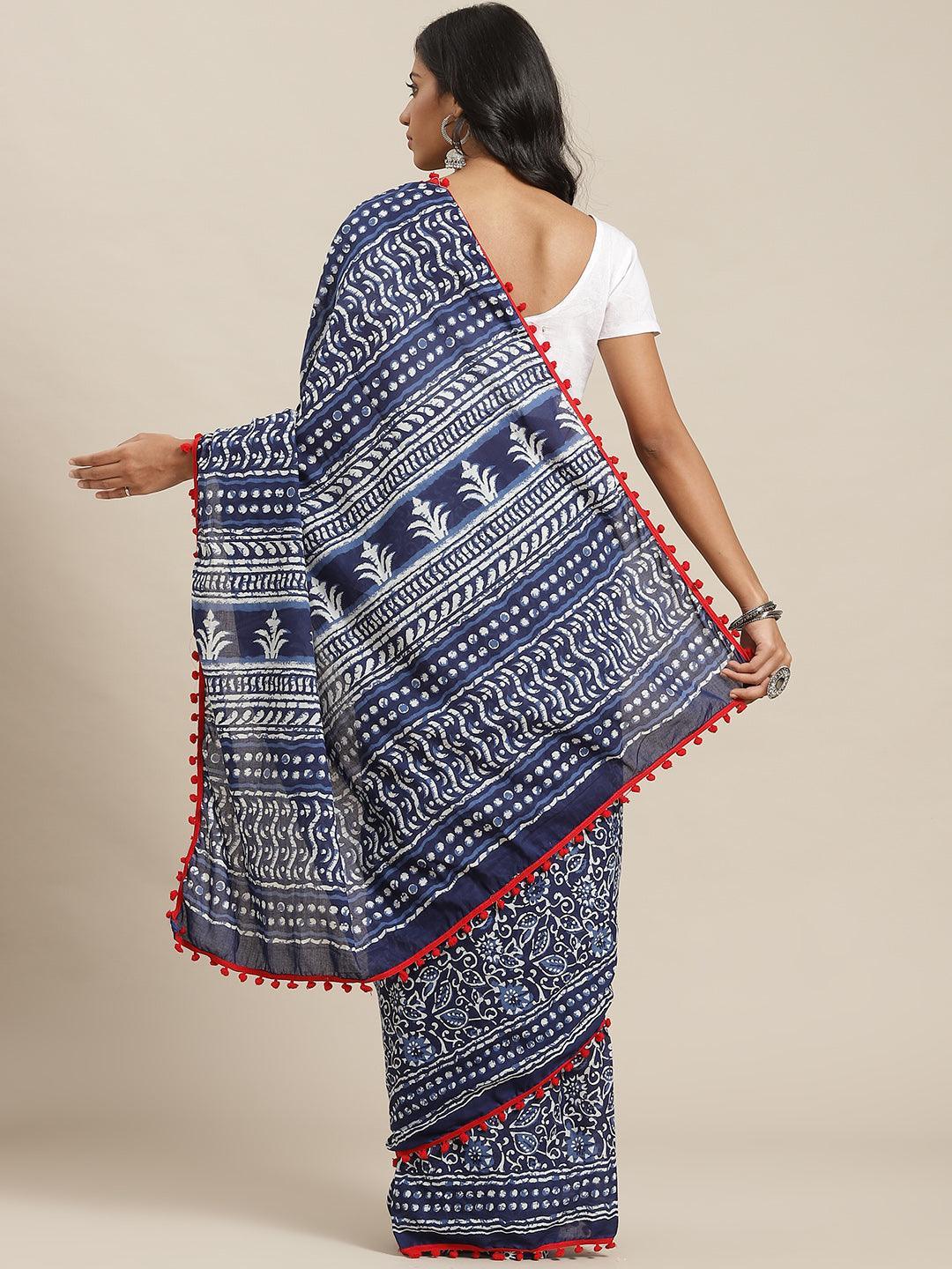 Blue Printed Cotton Saree - ShopLibas