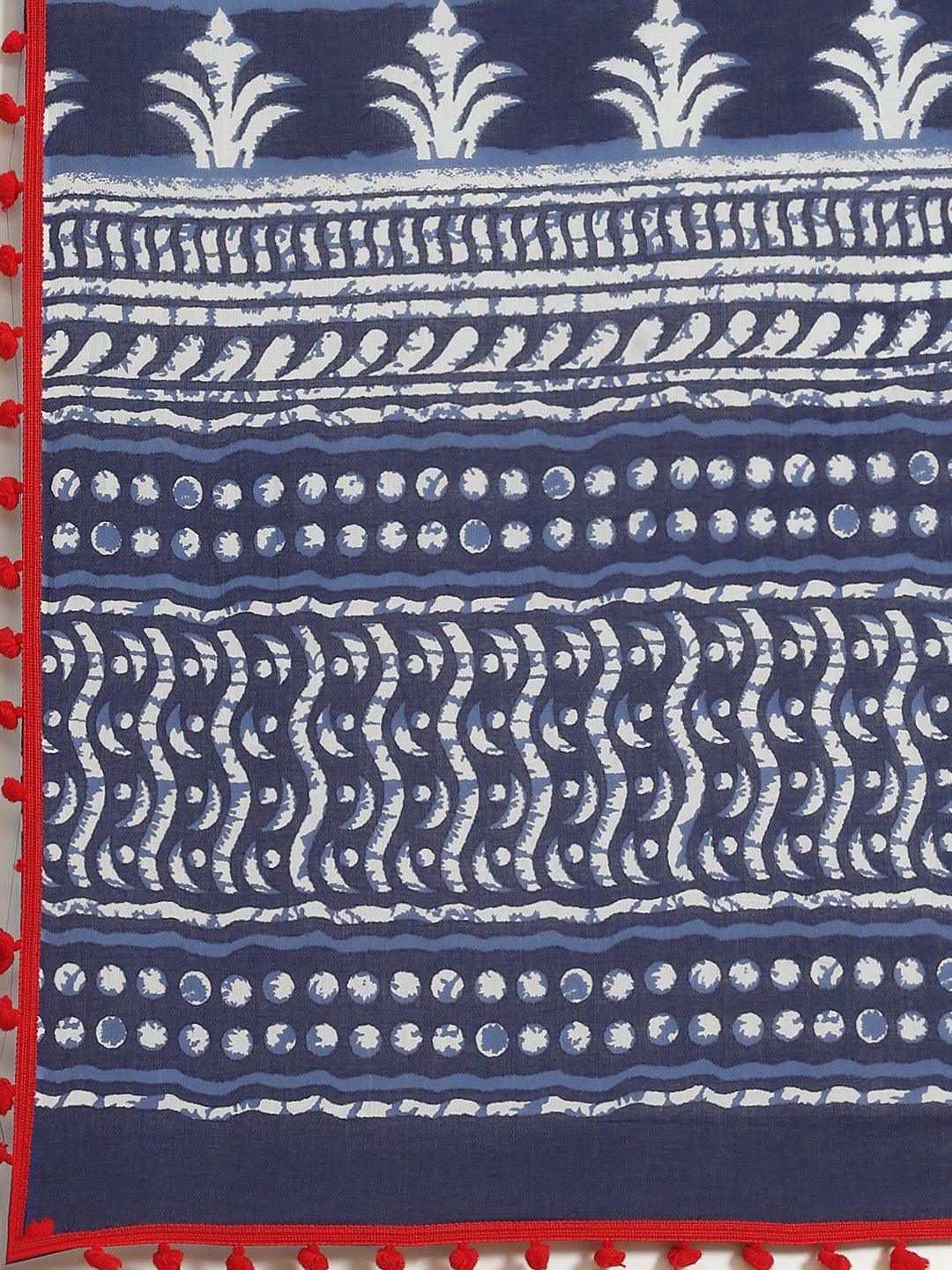 Blue Printed Cotton Saree - ShopLibas