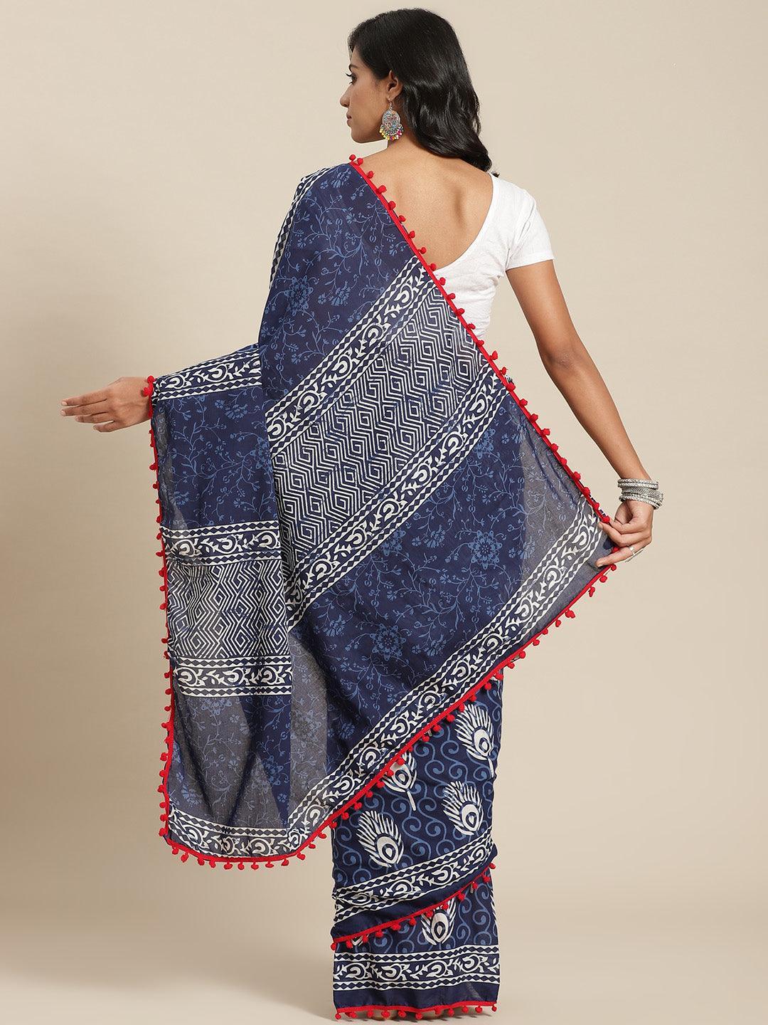 Blue Printed Cotton Saree - ShopLibas