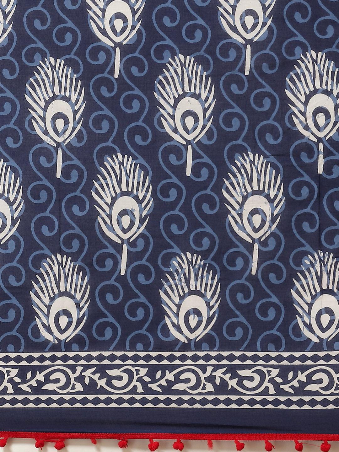 Blue Printed Cotton Saree - ShopLibas