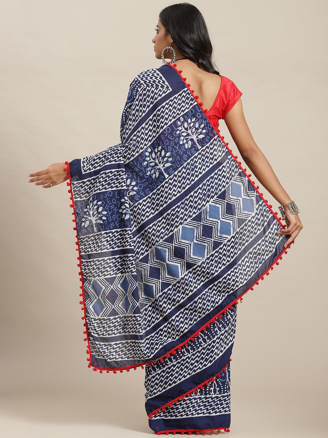 Blue Printed Cotton Saree - ShopLibas