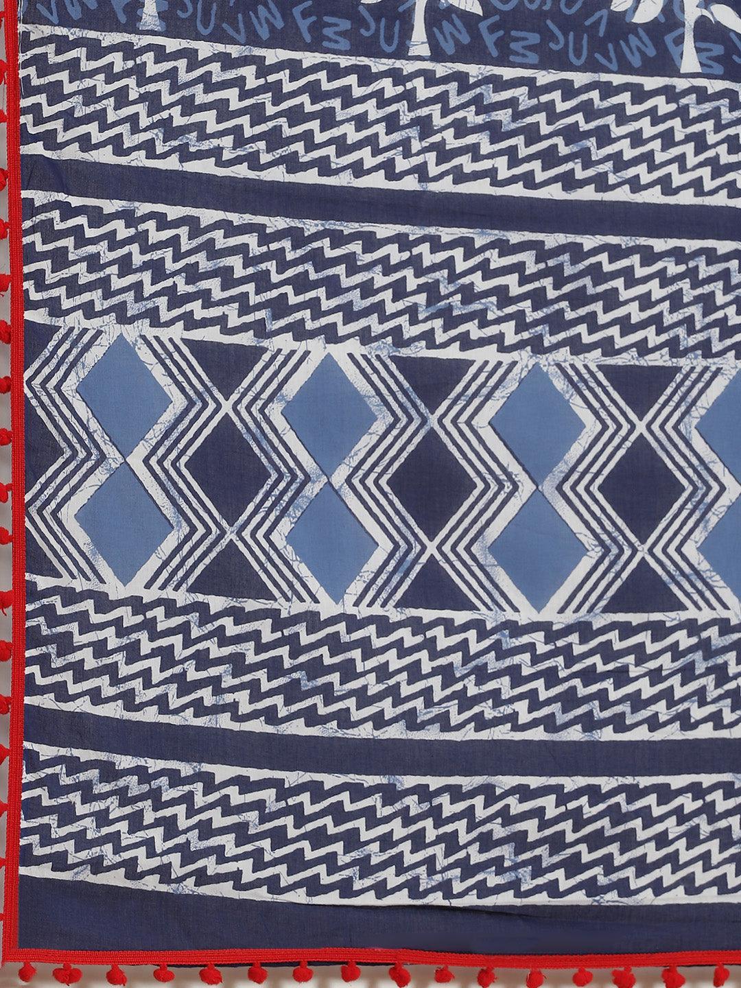 Blue Printed Cotton Saree - ShopLibas