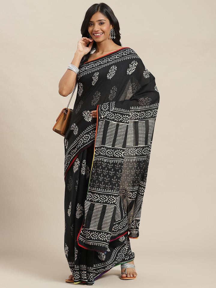 Black Printed Cotton Saree