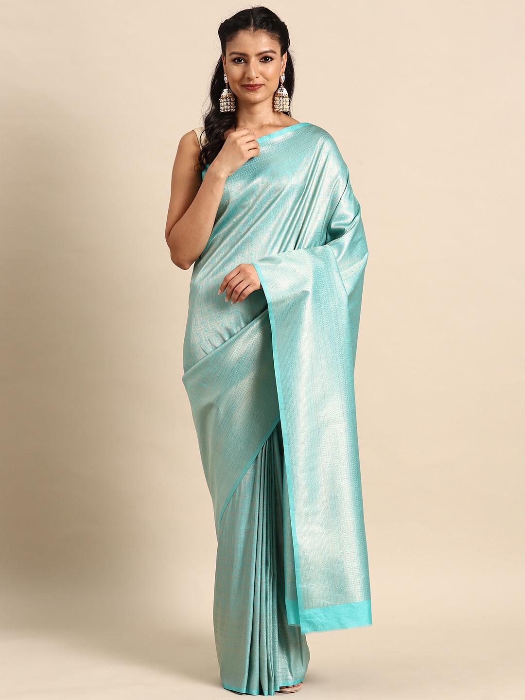 Turquoise Blue Woven Design Brocade Saree - ShopLibas
