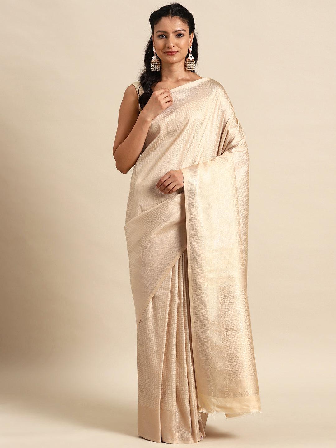 Beige Woven Design Brocade Saree - ShopLibas