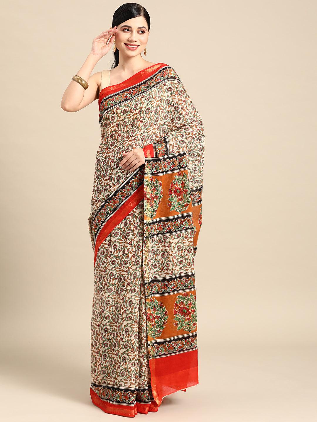 Beige Printed Cotton Saree - ShopLibas
