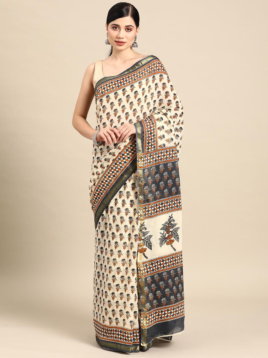 Beige Printed Cotton Saree - ShopLibas