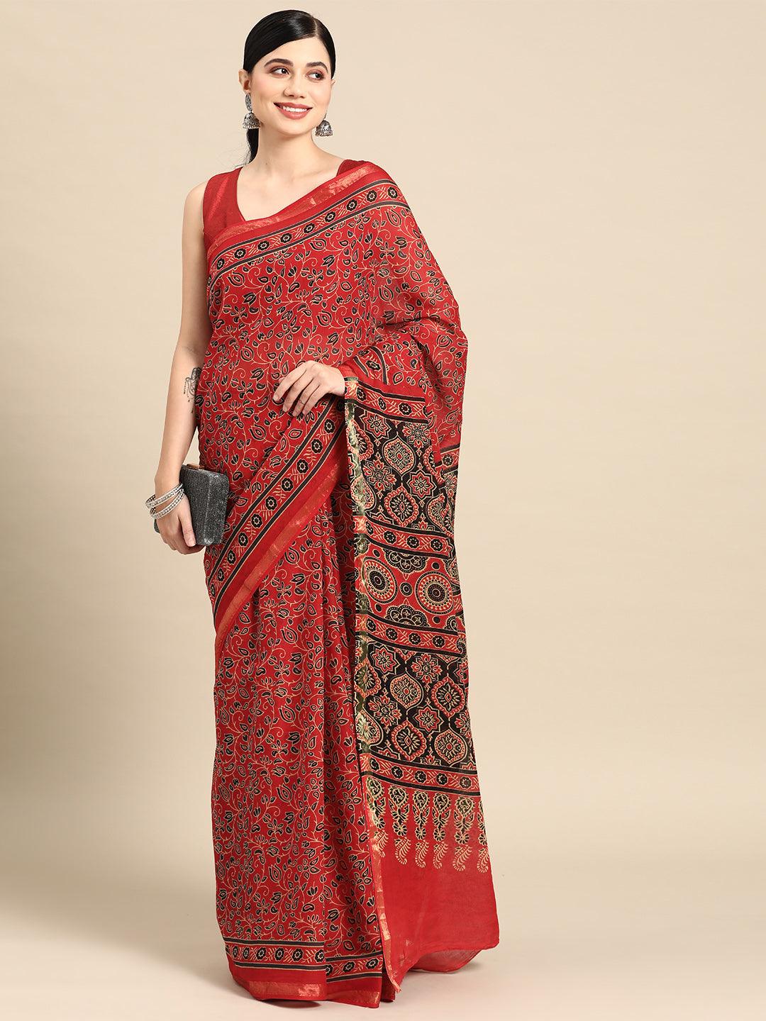 Red Printed Cotton Saree - ShopLibas