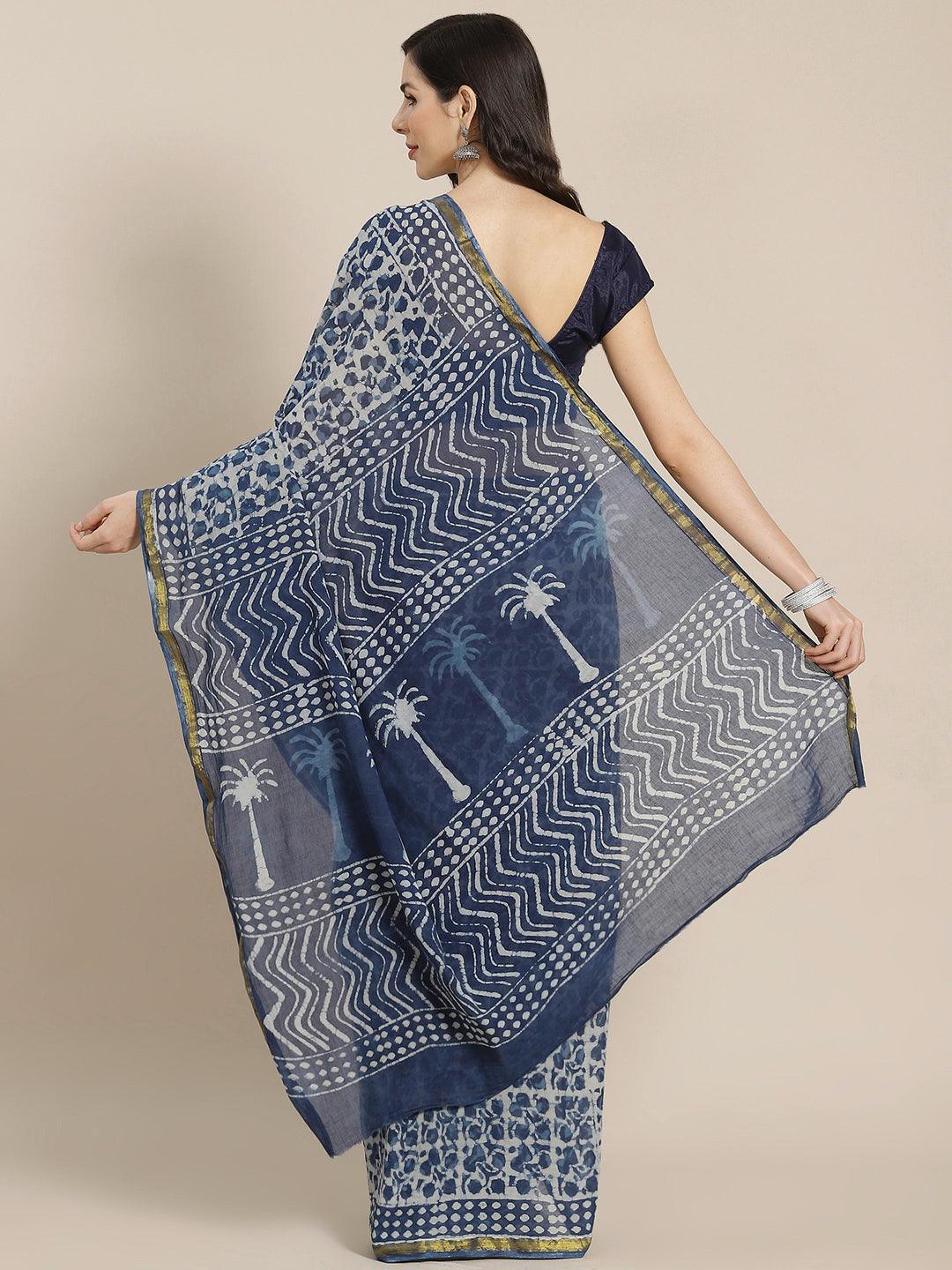 Blue Printed Cotton Saree - ShopLibas