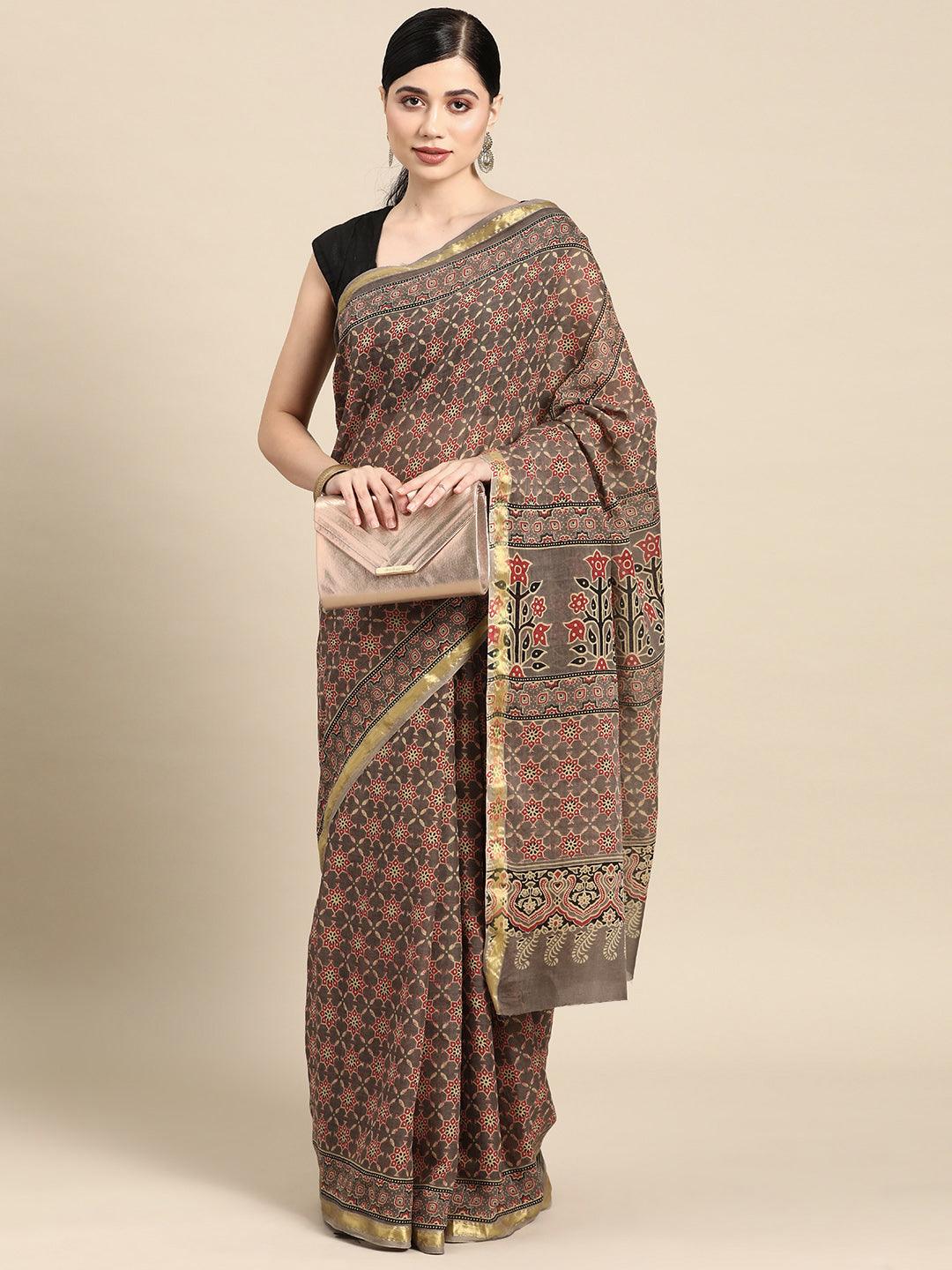 Taupe Printed Cotton Saree - ShopLibas