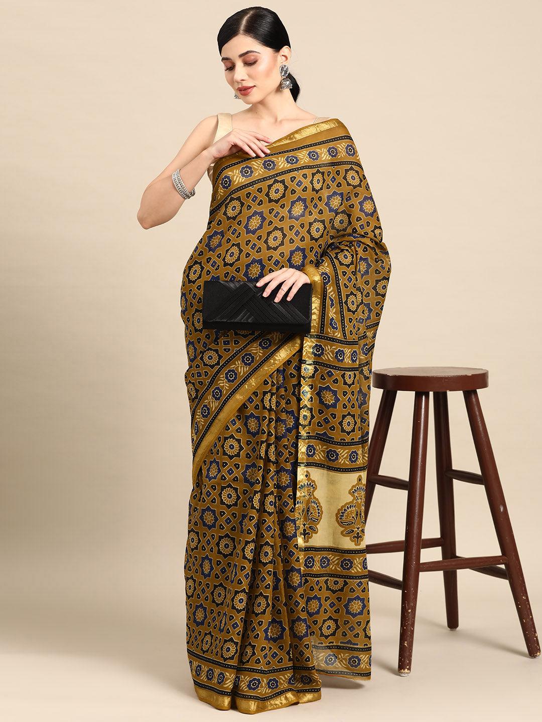 Mustard Printed Cotton Saree - ShopLibas