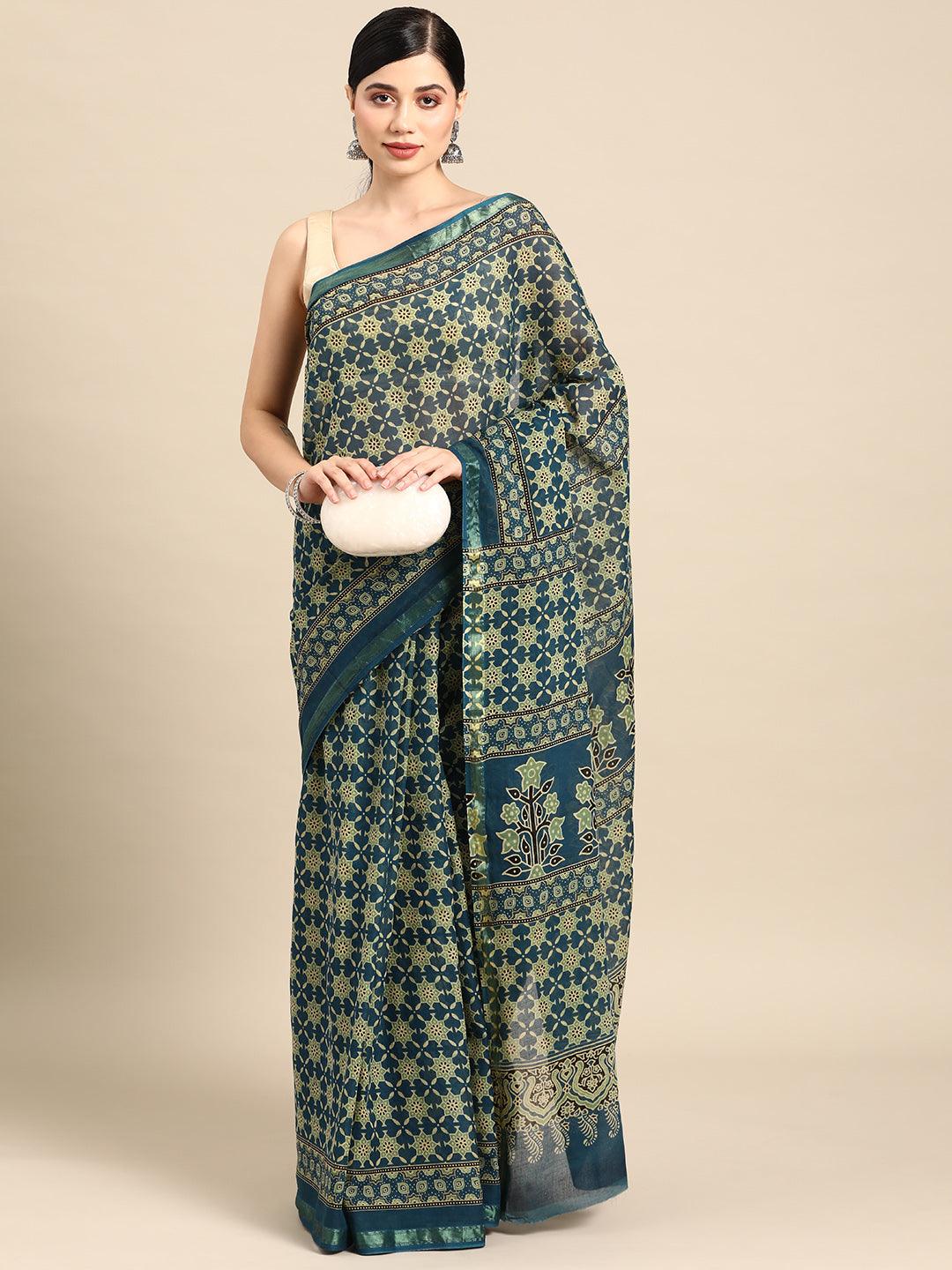 Blue Printed Cotton Saree - ShopLibas