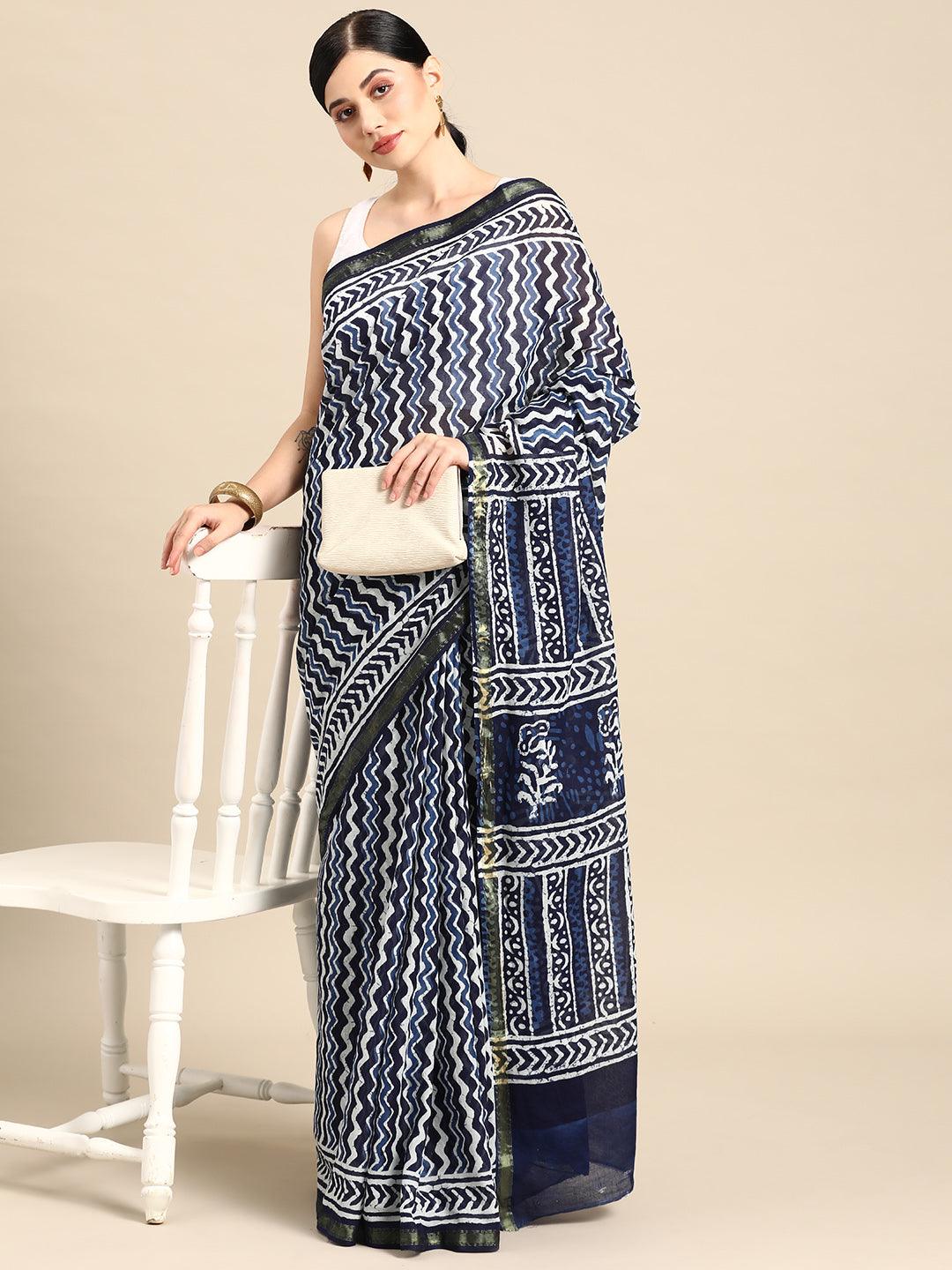 Blue Printed Cotton Saree - ShopLibas