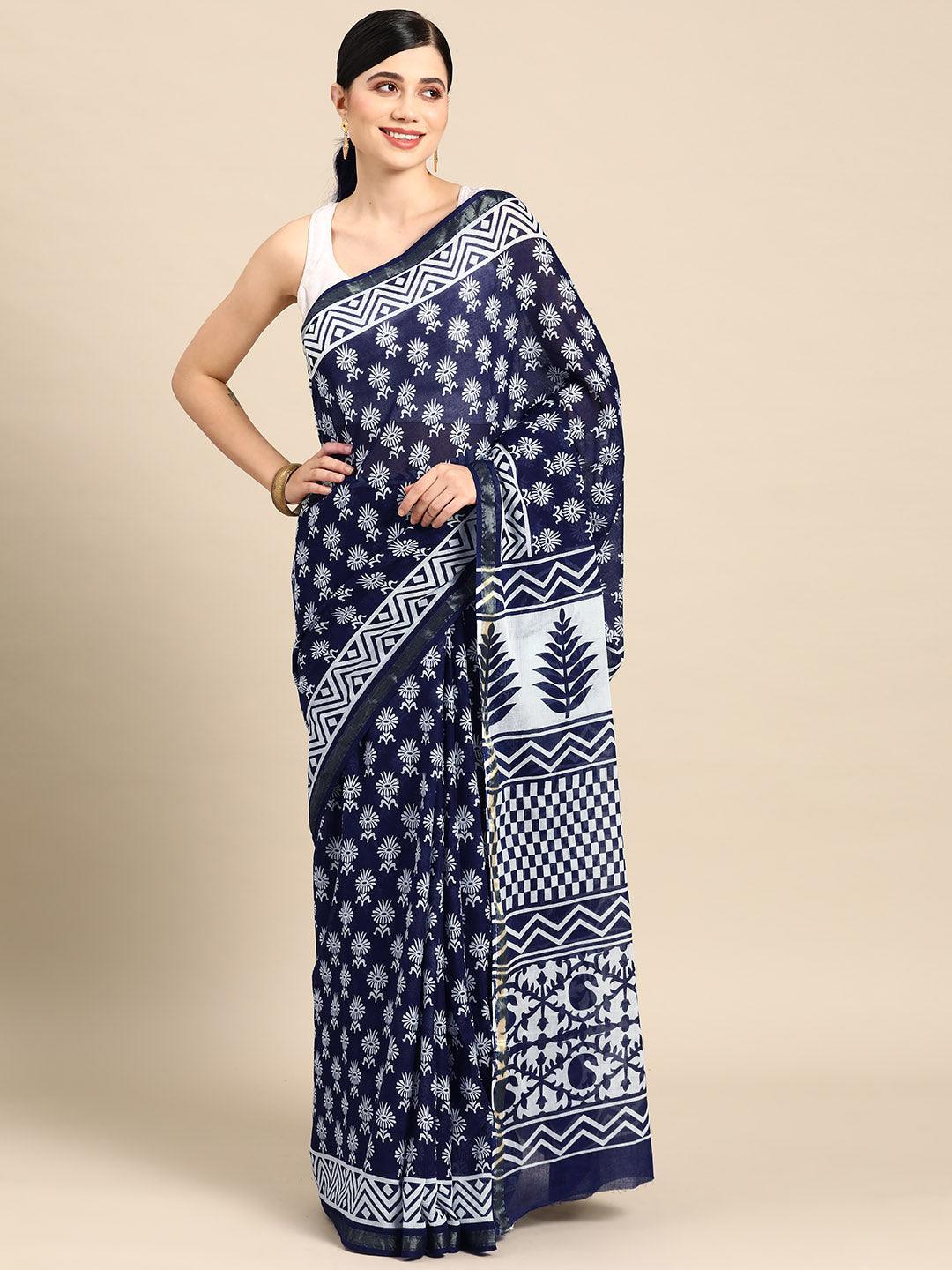 Blue Printed Cotton Saree - ShopLibas
