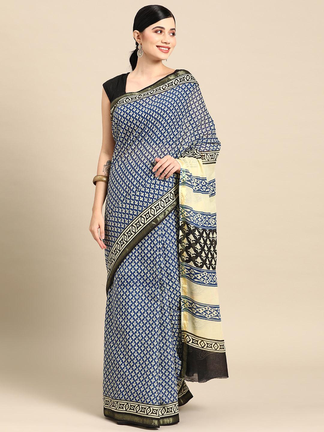 Blue Printed Cotton Saree - ShopLibas