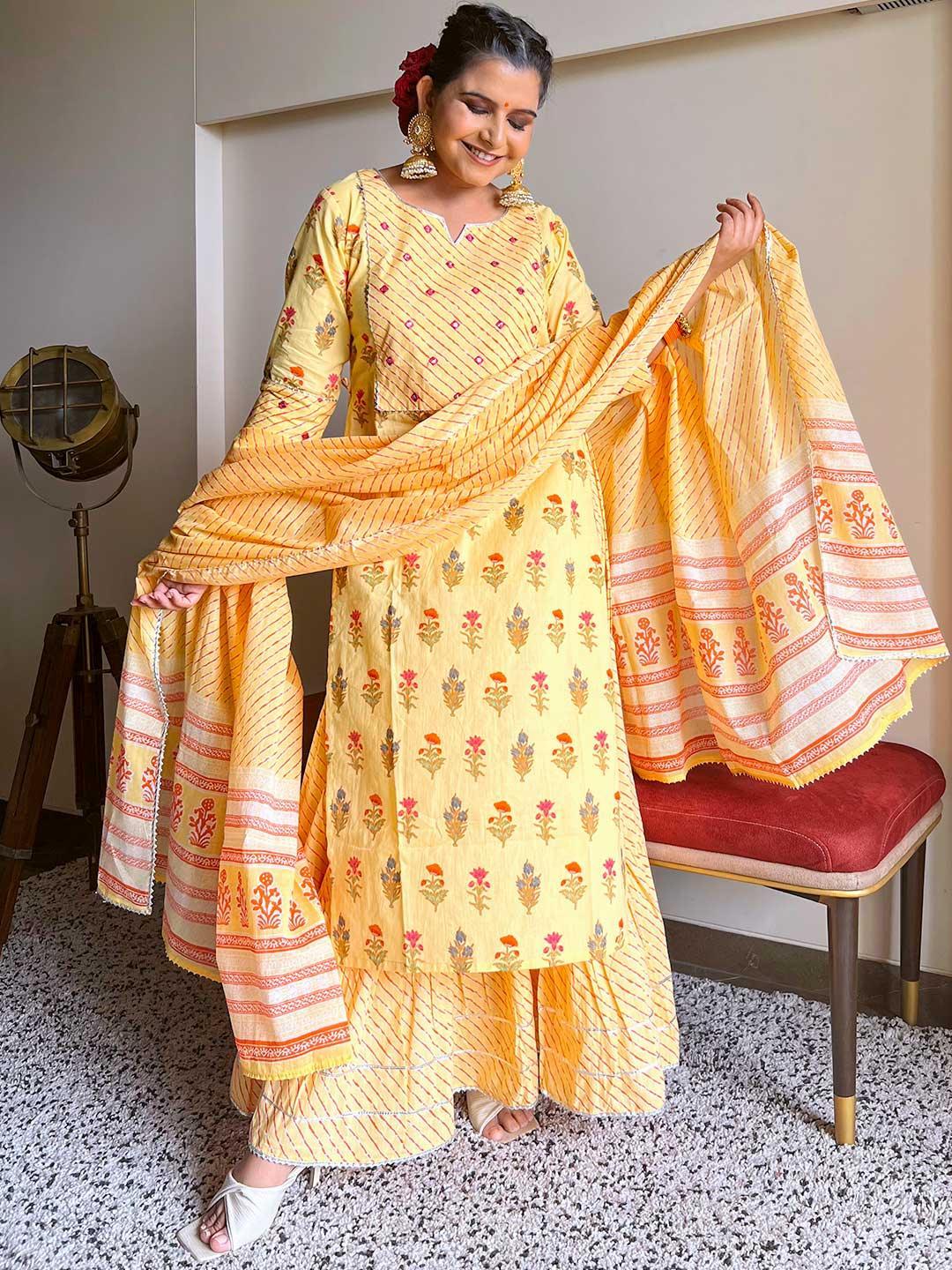 Yellow Printed Cotton Suit Set - ShopLibas
