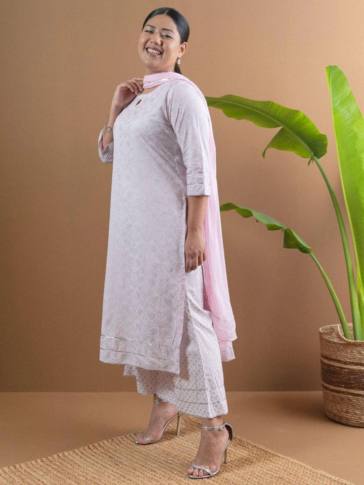 Plus Size Pink Printed Cotton Suit Set