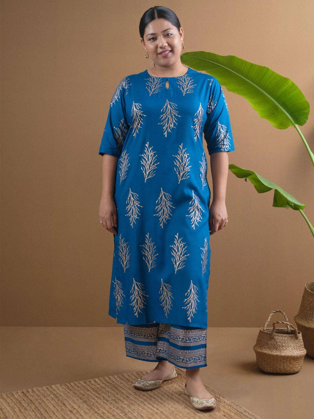 Plus Size Blue Printed Cotton Kurta Set - ShopLibas