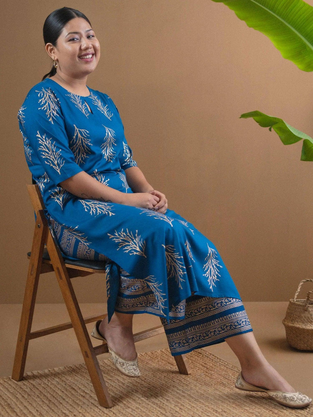 Plus Size Blue Printed Cotton Kurta Set - ShopLibas