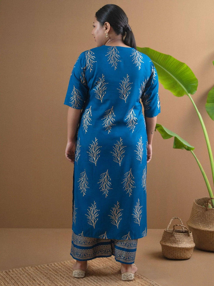 Plus Size Blue Printed Cotton Kurta Set