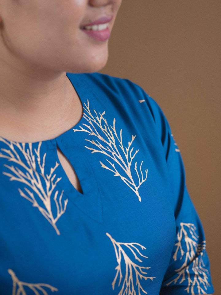 Plus Size Blue Printed Cotton Kurta Set
