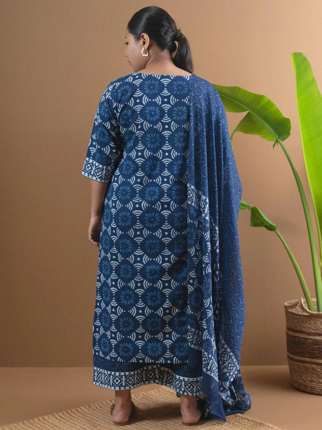 Plus Size Blue Printed Cotton Suit Set - ShopLibas
