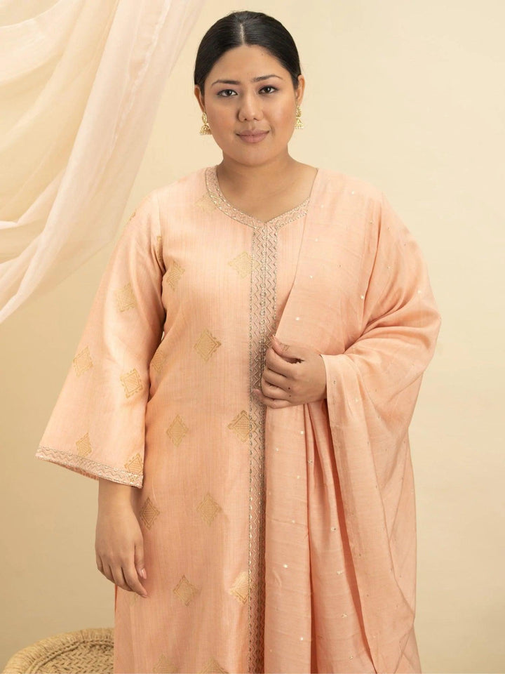 Plus Size Peach Self Design Silk Suit Set