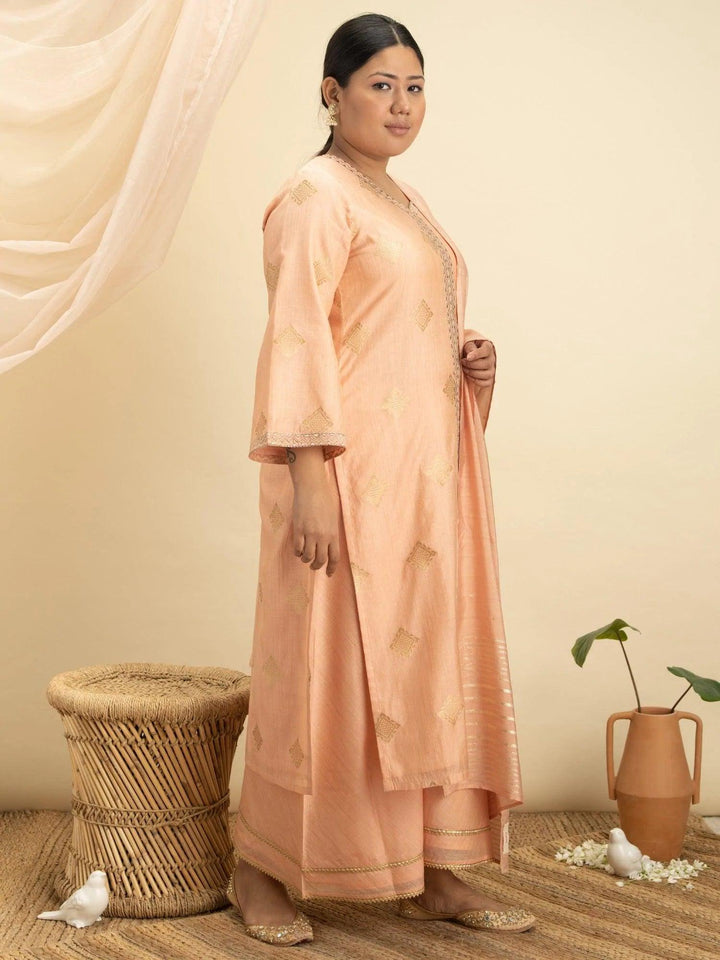 Plus Size Peach Self Design Silk Suit Set