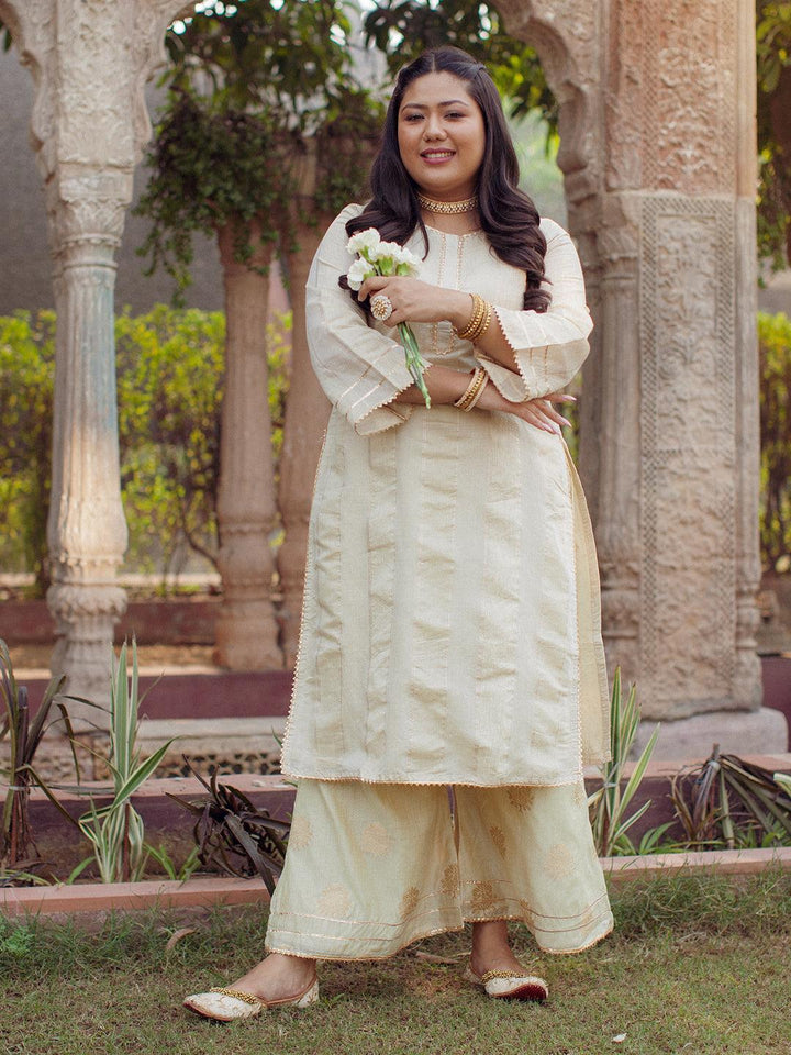 Plus Size Beige Self-Design Silk Kurta Set