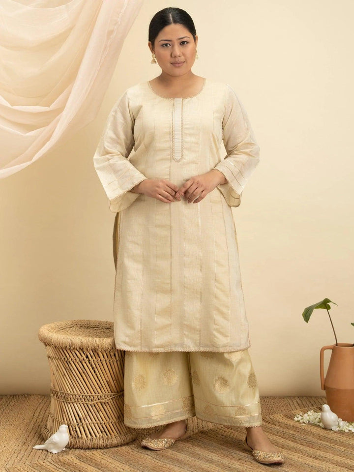 Plus Size Beige Self-Design Silk Kurta Set