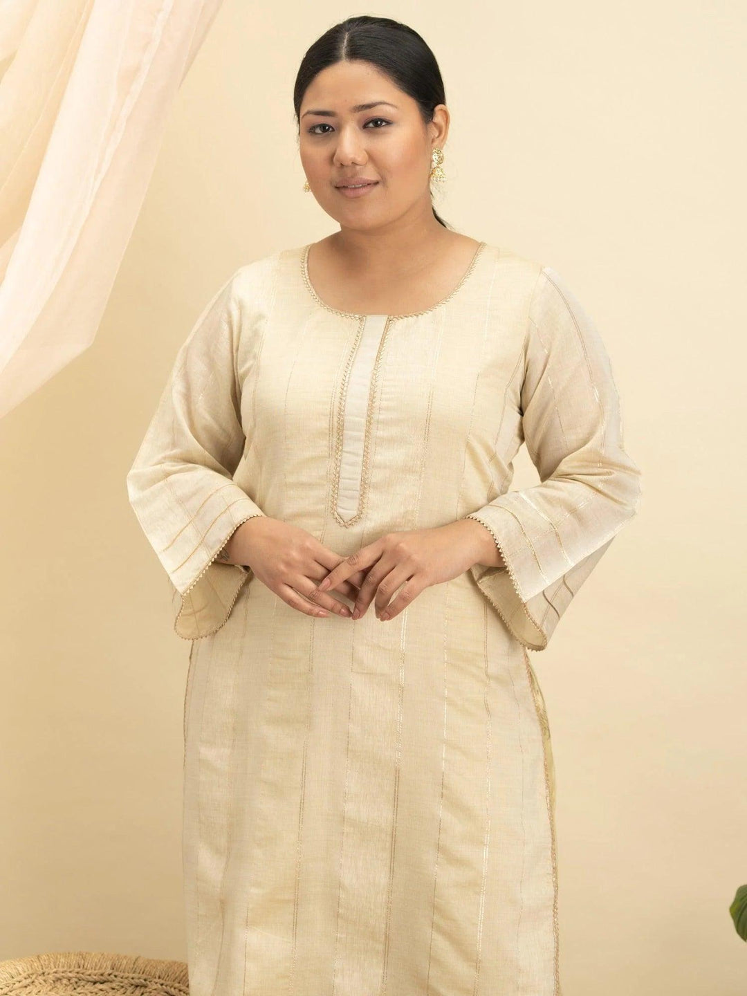 Plus Size Beige Self-Design Silk Kurta Set - ShopLibas