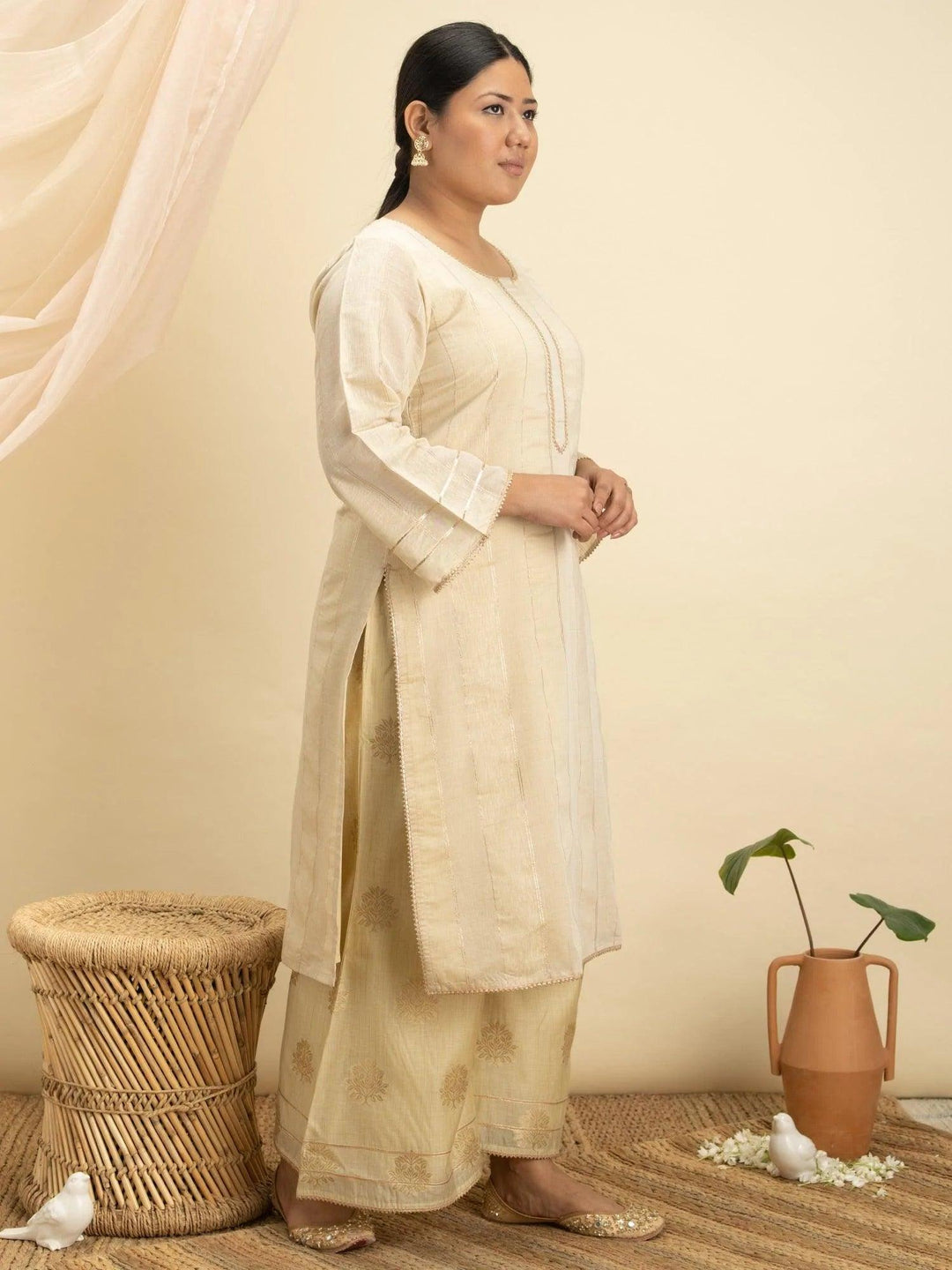 Plus Size Beige Self-Design Silk Kurta Set - ShopLibas
