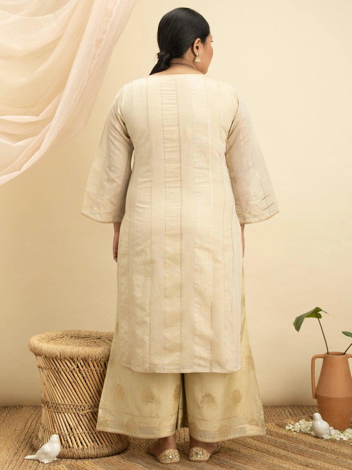 Plus Size Beige Self-Design Silk Kurta Set