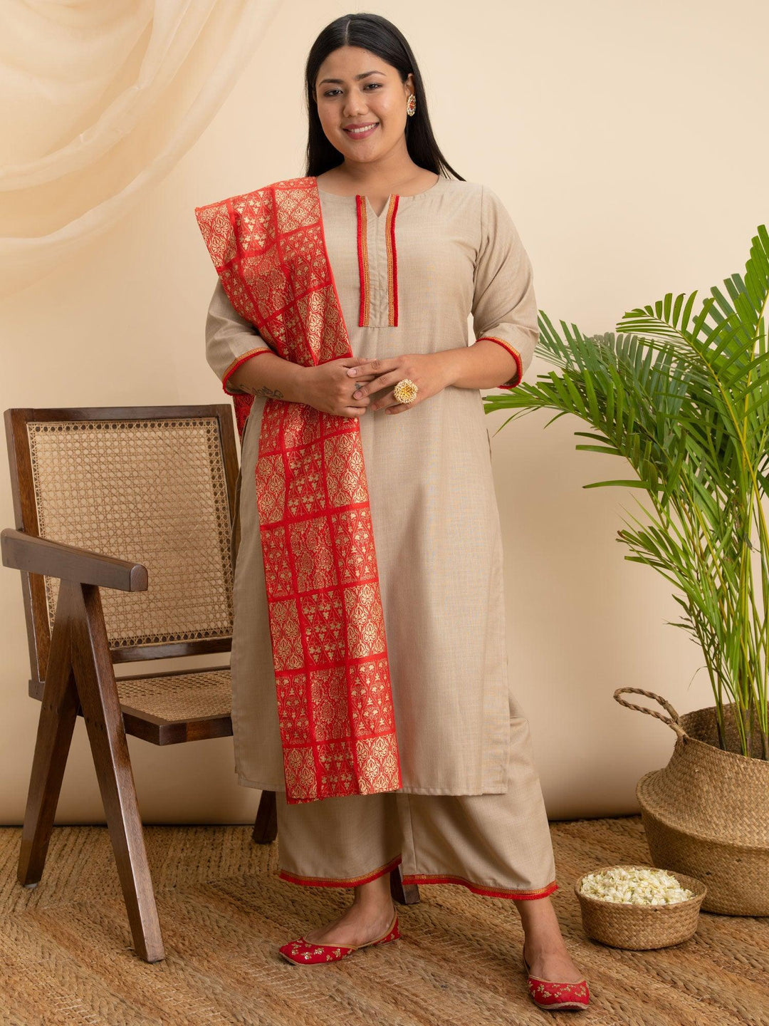 Plus Size Beige Solid Cotton Suit Set - ShopLibas
