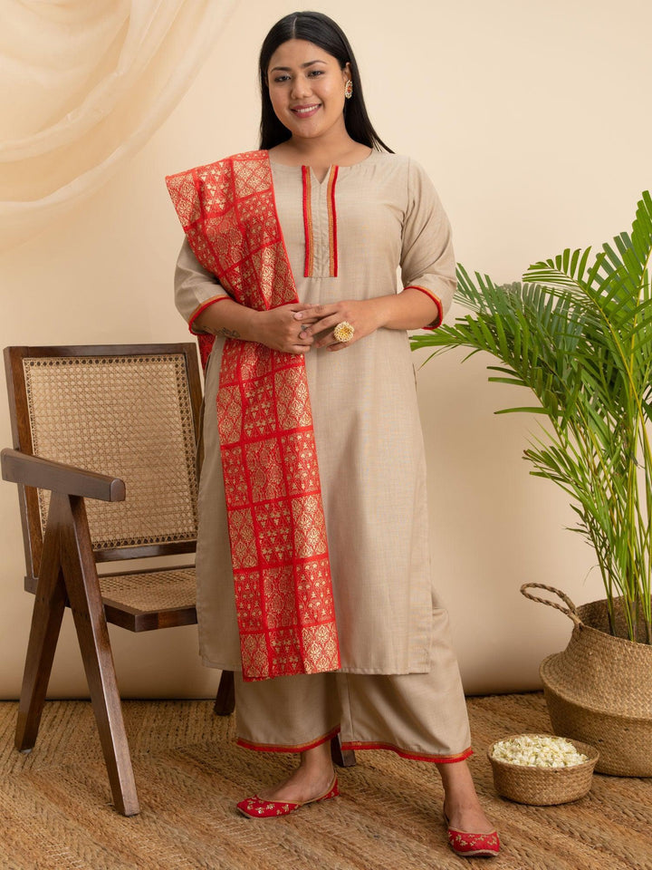 Plus Size Beige Solid Cotton Suit Set