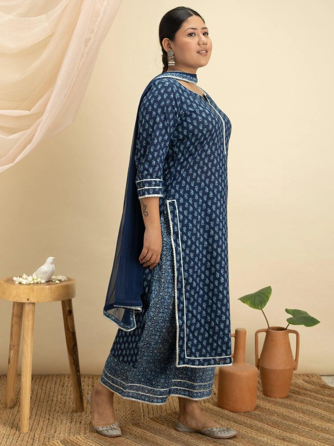 Plus Size Blue Printed Cotton Suit Set - ShopLibas