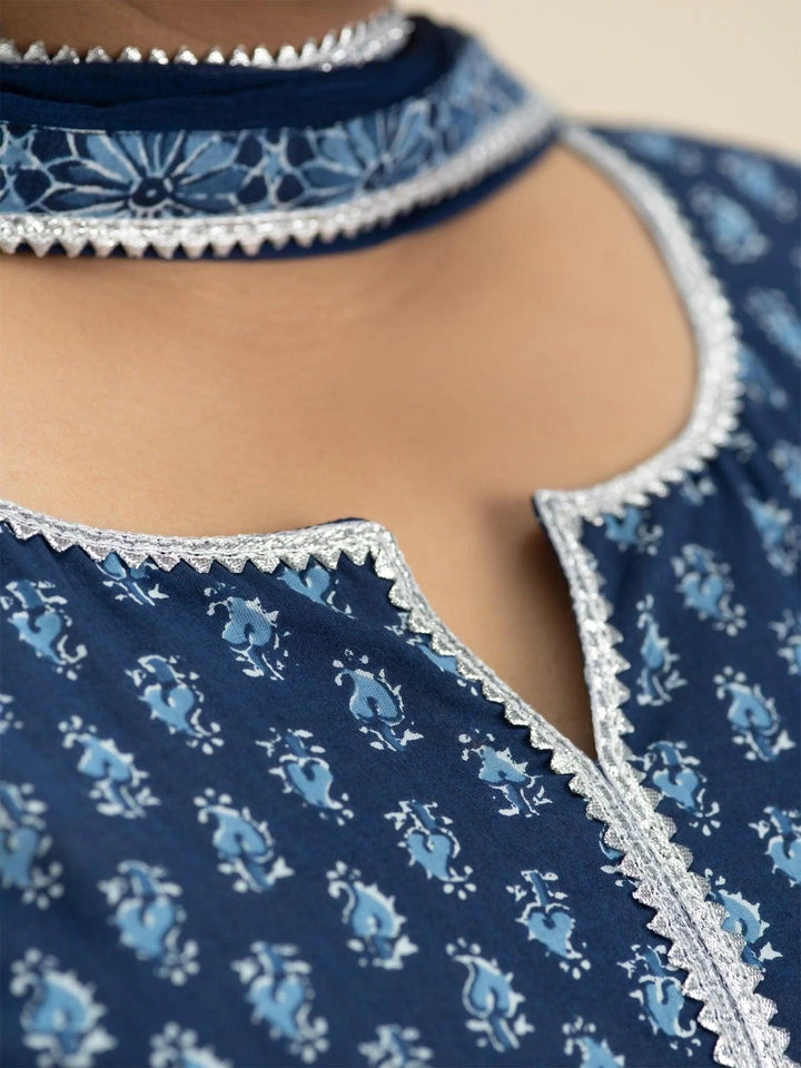 Plus Size Blue Printed Cotton Suit Set