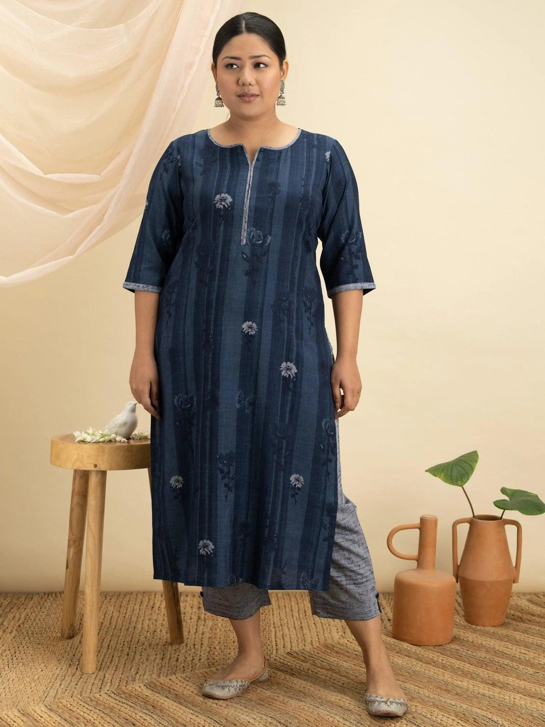 Plus Size Blue Printed Rayon Kurta Set - ShopLibas