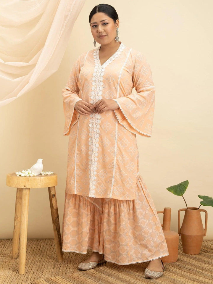 Plus Size Peach Printed Cotton Kurta Set