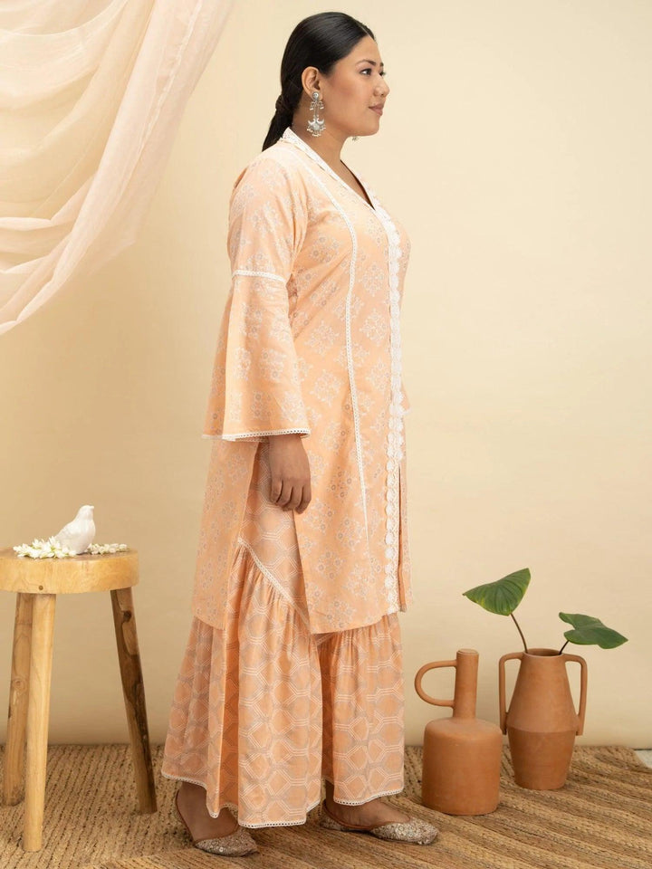 Plus Size Peach Printed Cotton Kurta Set